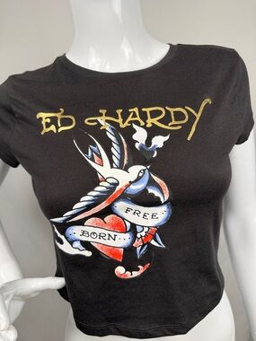 Ed Hardy Black Tee with Gold Logo and Red, Blue Tattoo Graphic